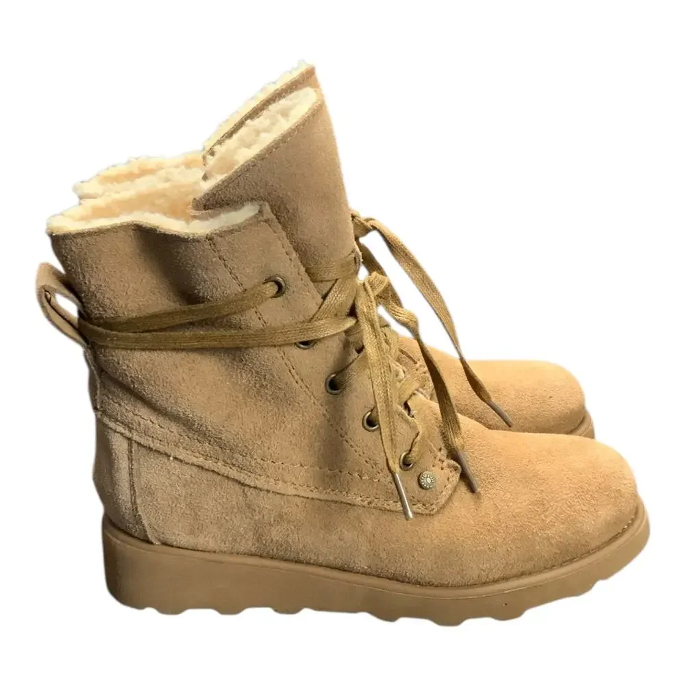 Bearpaw Krista Youth Boots Tan Suede Wool Lined Lace Up Size 4 EU 34